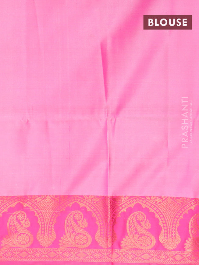Banarasi semi tussar saree peach pink and pink with allover ikat weaves and copper zari woven border