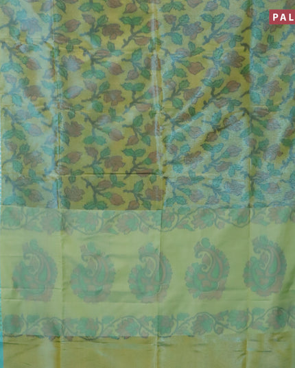 Banarasi semi tussar saree light green and teal blue with allover ikat weaves and silver zari woven border
