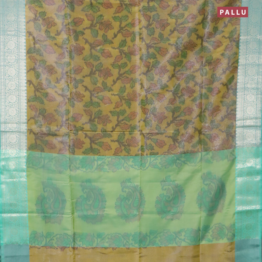 Banarasi semi tussar saree mehendi green and teal green with allover ikat weaves and silver zari woven border