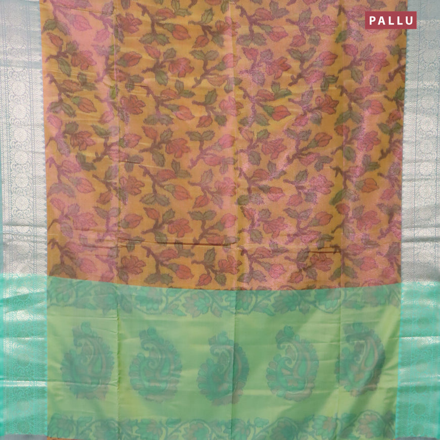 Banarasi semi tussar saree dual shade of yellow and teal green with allover ikat weaves and silver zari woven border