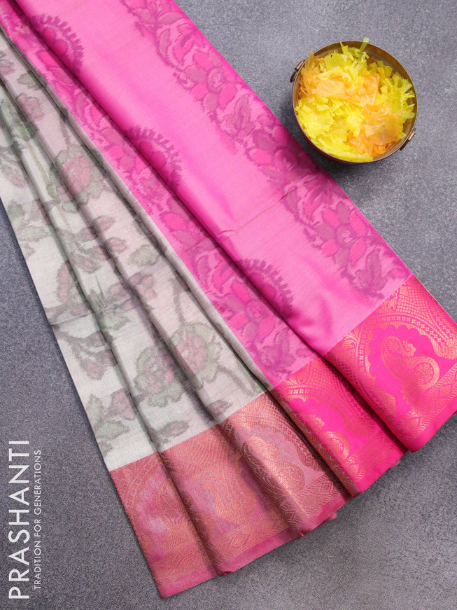 Banarasi semi tussar saree grey shade and pink with allover ikat weaves and copper zari woven border