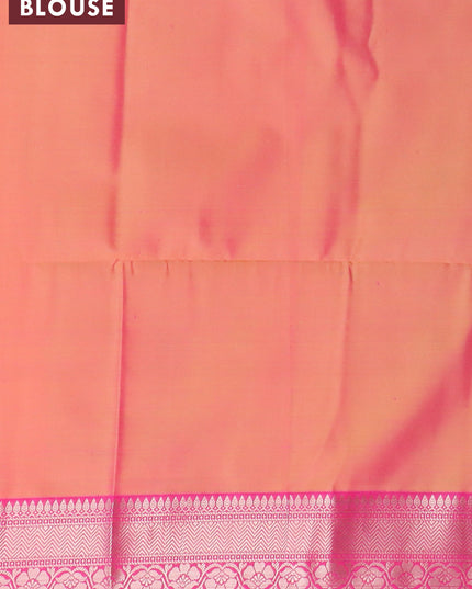 Banarasi semi tussar saree light green and pink with allover ikat weaves and silver zari woven border