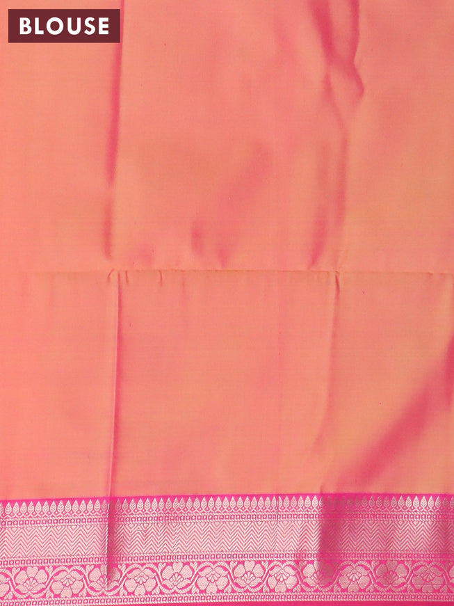 Banarasi semi tussar saree light green and pink with allover ikat weaves and silver zari woven border