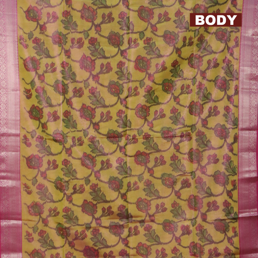 Banarasi semi tussar saree yellow and pink with allover ikat weaves and silver zari woven border