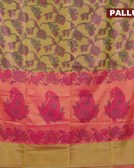 Banarasi semi tussar saree yellow and pink with allover ikat weaves and silver zari woven border