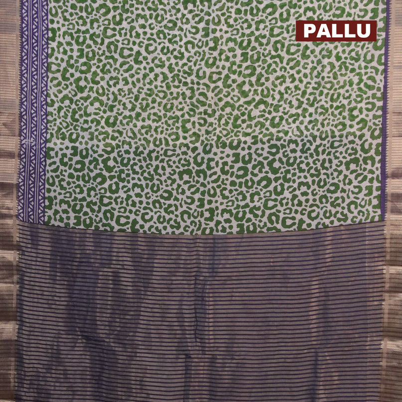Banarasi cotton saree off white green and blue with allover prints and zari woven border