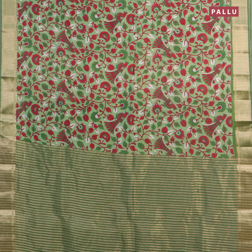 Banarasi cotton saree green shade with allover kalamkari prints and zari woven border