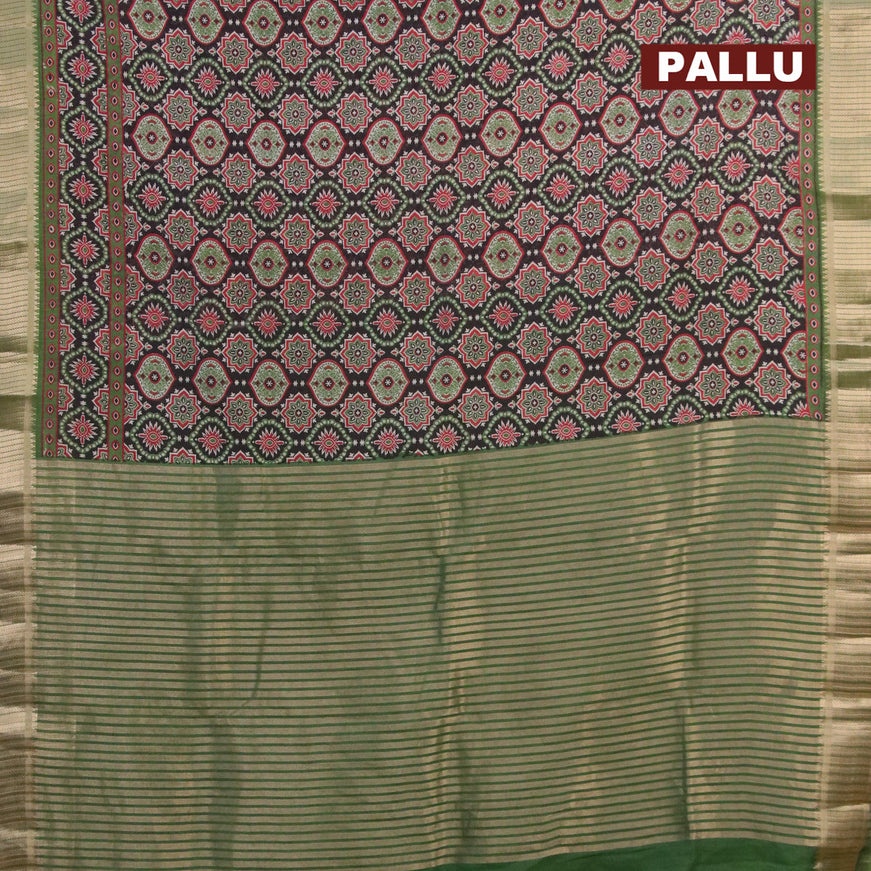 Banarasi cotton saree black and green with allover ajrakh prints and zari woven border