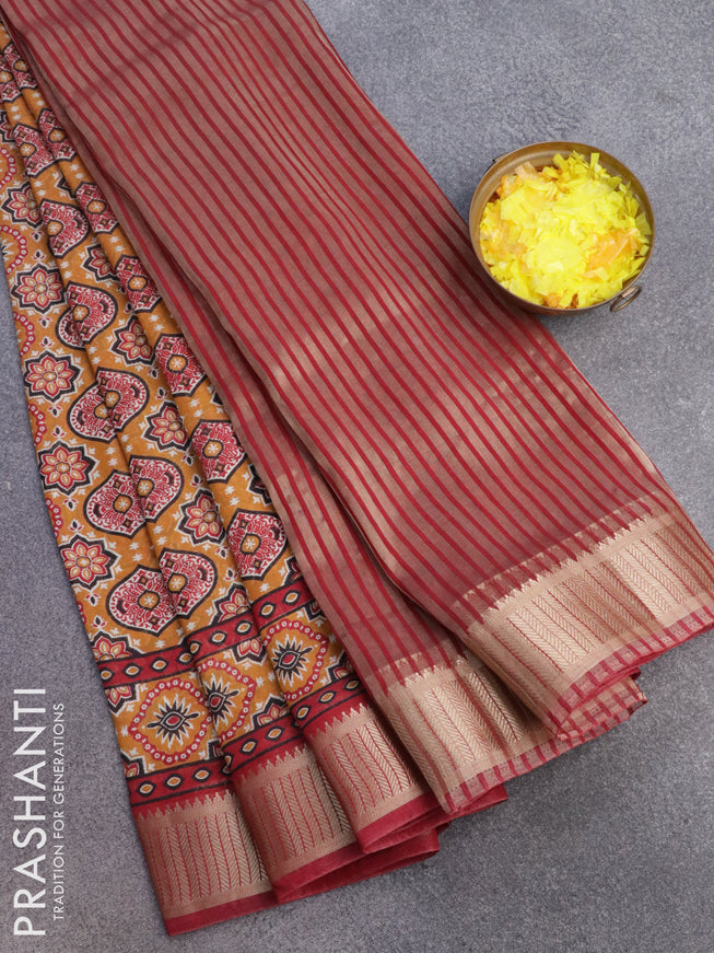 Banarasi cotton saree mustard shade and red with allover ajrakh prints and zari woven border