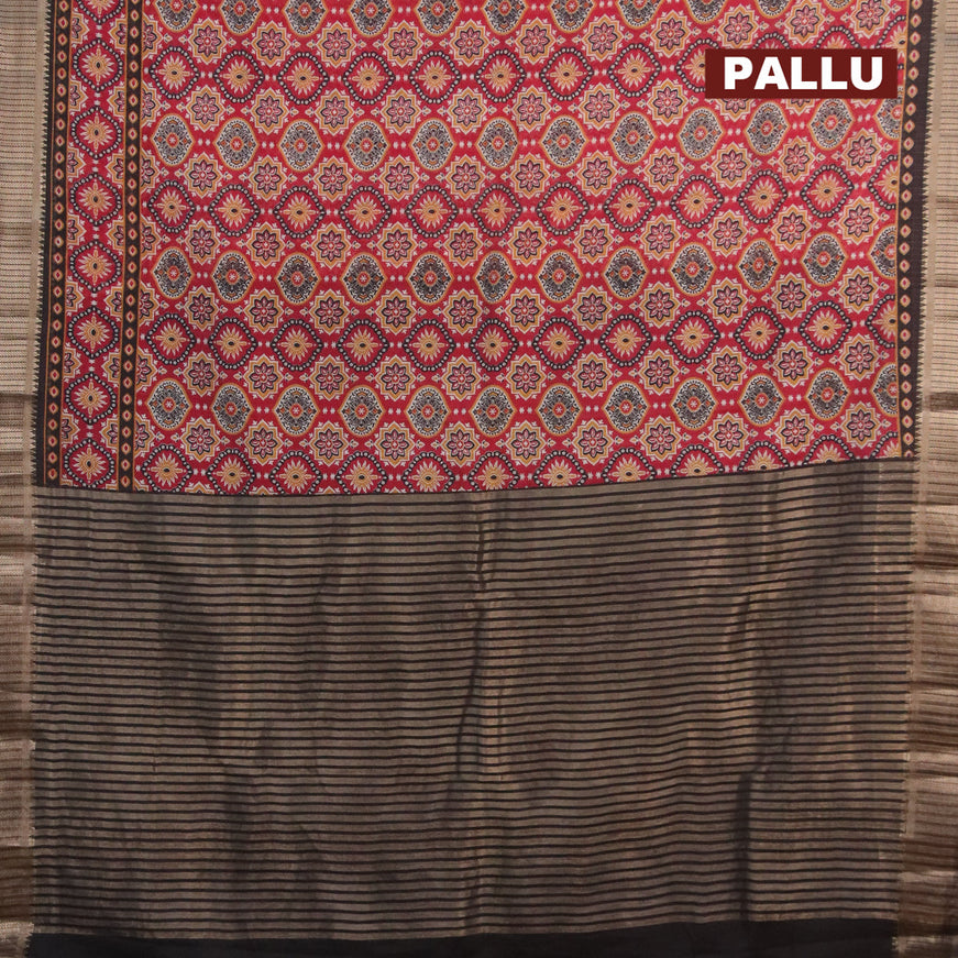 Banarasi cotton saree red and black with allover ajrakh prints and zari woven border