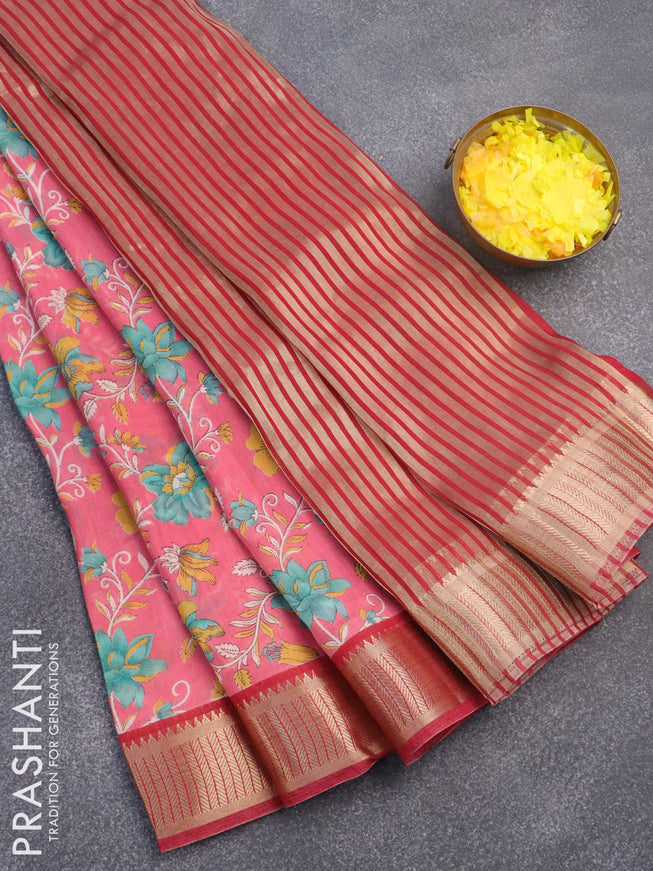 Banarasi cotton saree pink and red with allover floral prints and zari woven border