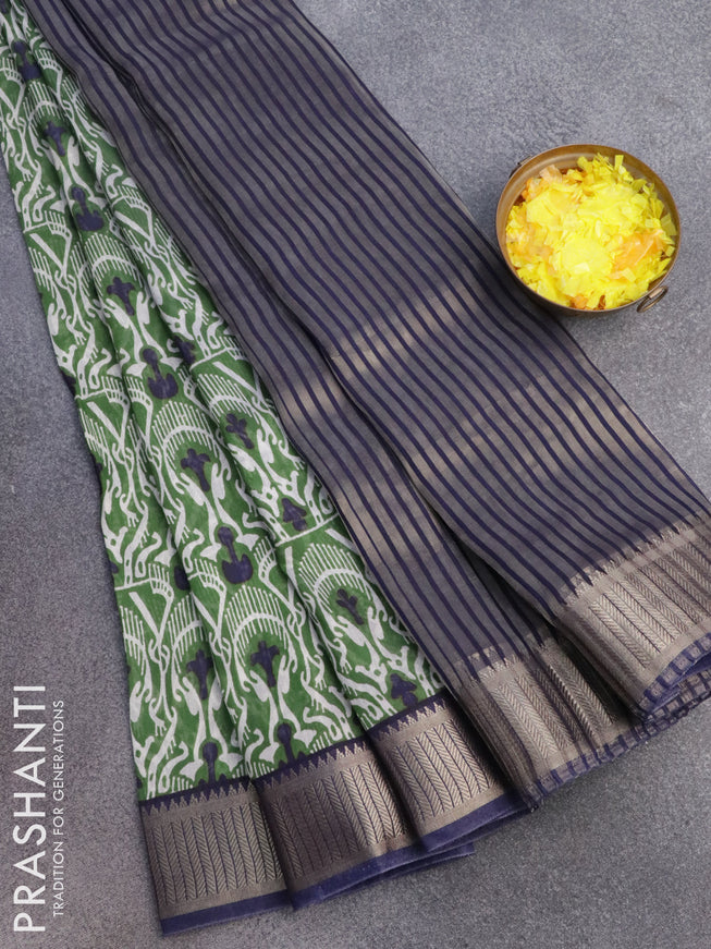 Banarasi cotton saree green and blue with allover prints and zari woven border