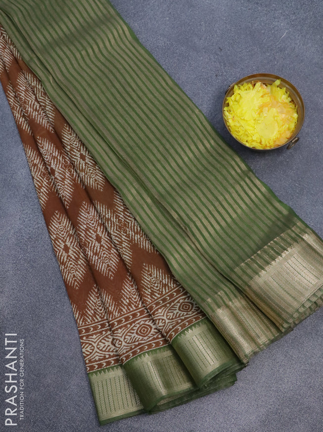 Banarasi cotton saree brown shade and green with allover geometric prints and zari woven border