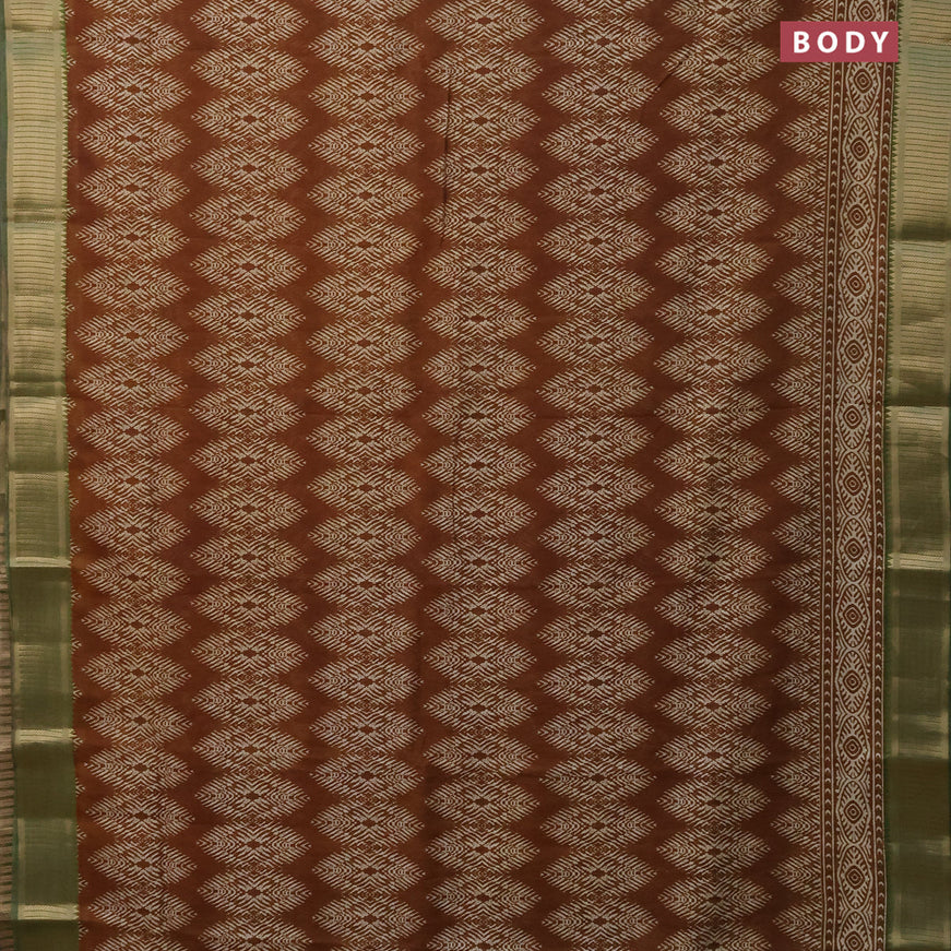 Banarasi cotton saree brown shade and green with allover geometric prints and zari woven border
