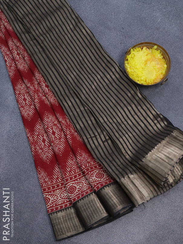 Banarasi cotton saree maroon and black with allover geometric prints and zari woven border