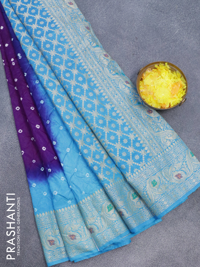 Bandhani saree purple and light blue with allover bandhani prints and banarasi style border