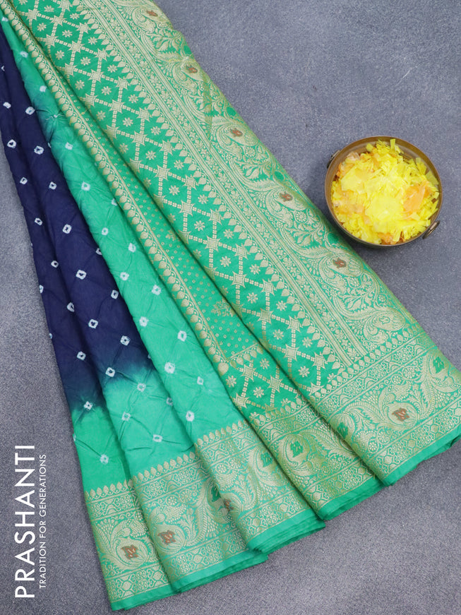 Bandhani saree dark blue and green with allover bandhani prints and banarasi style border