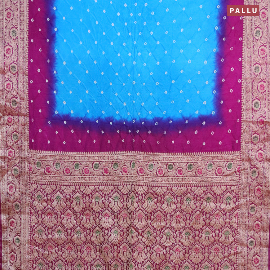 Bandhani saree cs blue and purple with allover bandhani prints and banarasi style border