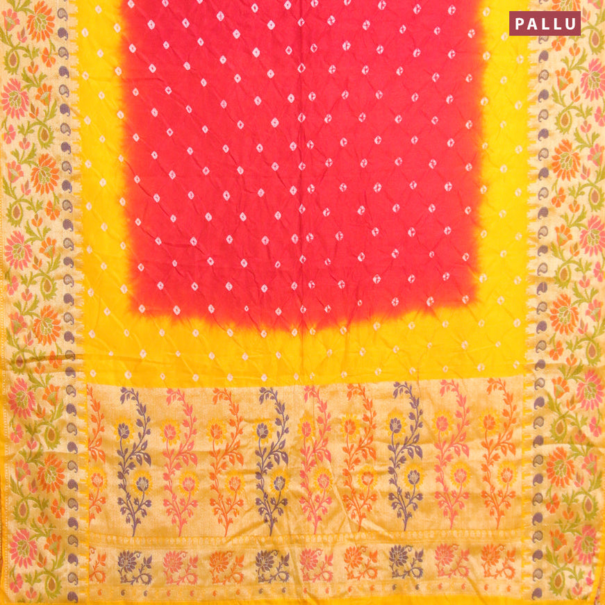 Bandhani saree red and mango yellow with allover bandhani prints and banarasi style border