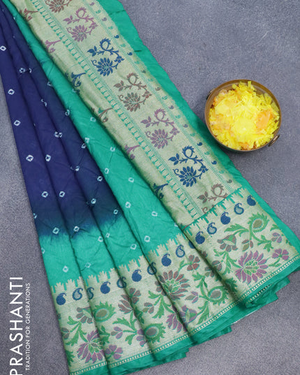 Bandhani saree dark blue and teal green with allover bandhani prints and banarasi style border