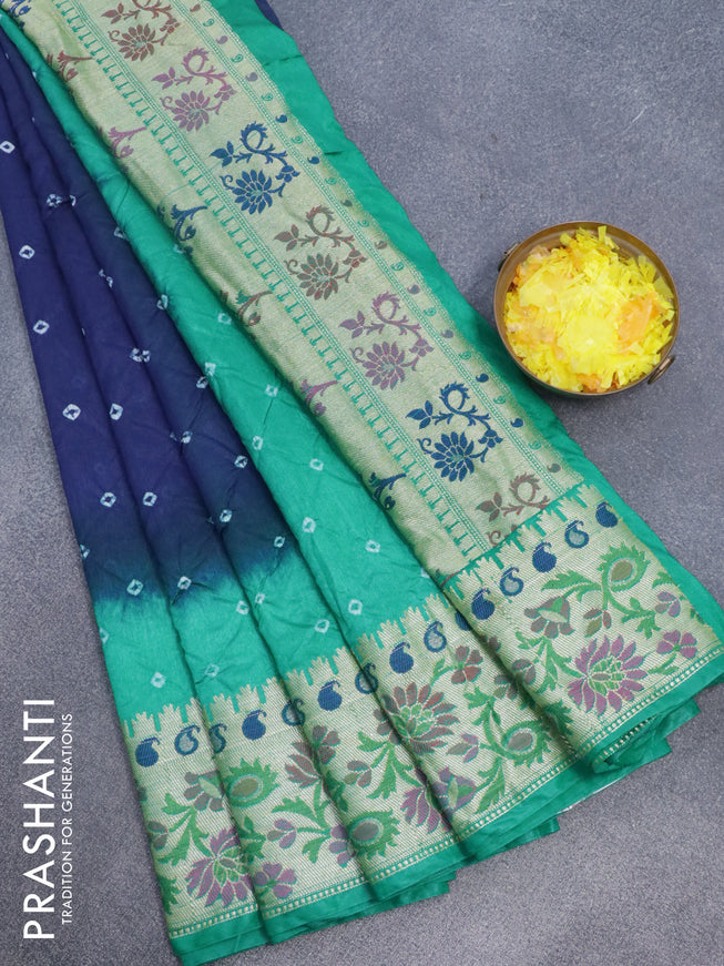 Bandhani saree dark blue and teal green with allover bandhani prints and banarasi style border