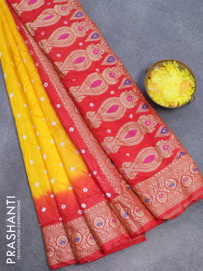 Bandhani saree yellow and red with allover bandhani prints and banarasi style border