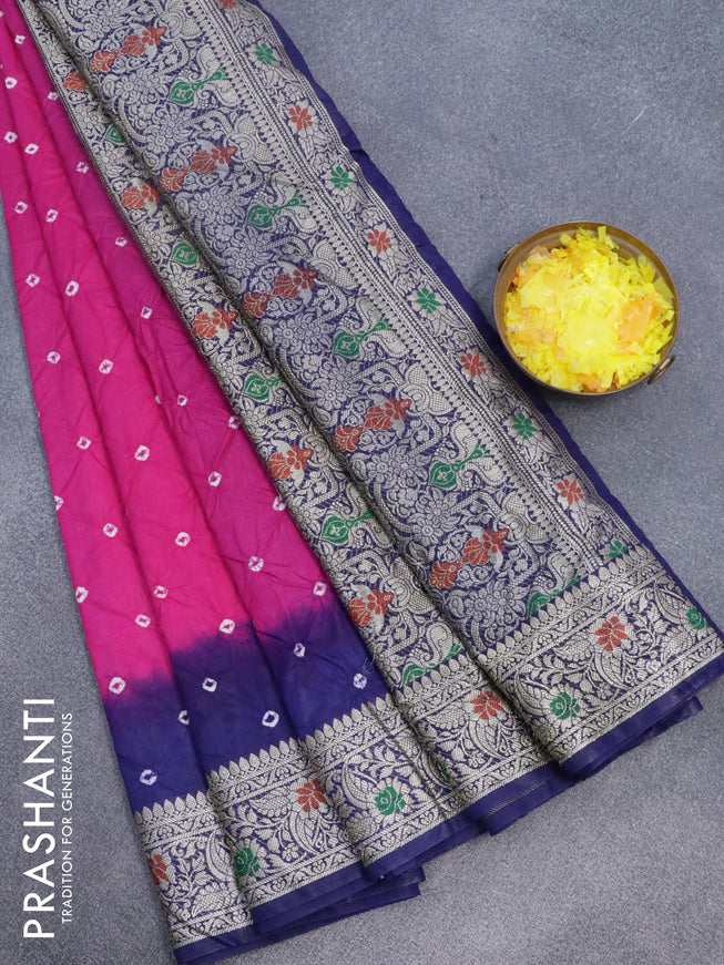 Bandhani saree pink and blue with allover bandhani prints and banarasi style border