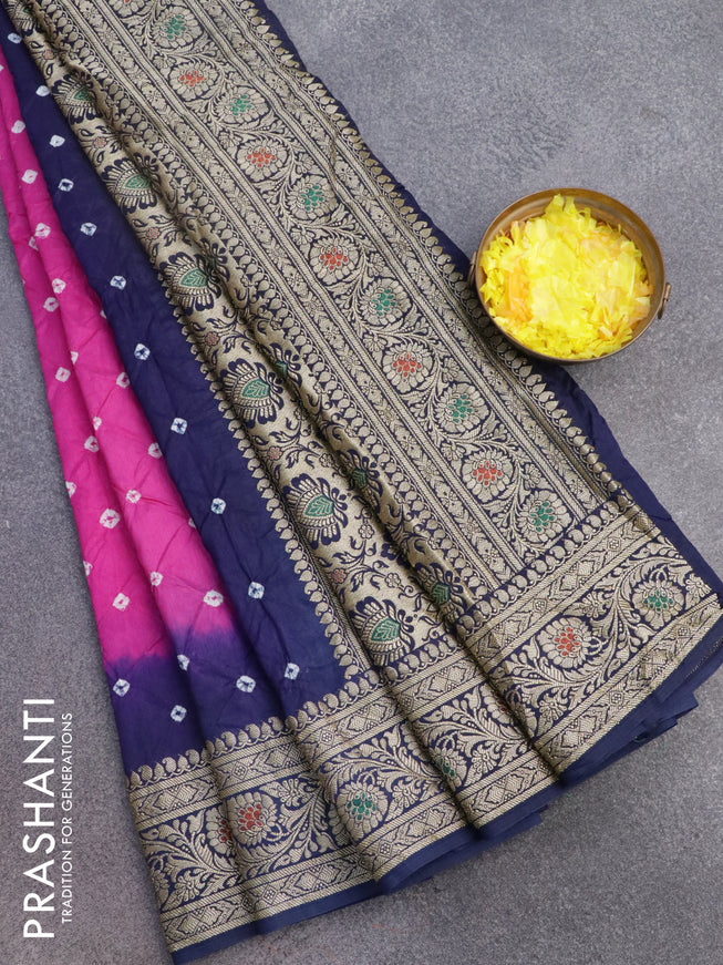 Bandhani saree magenta pink and blue with allover bandhani prints and banarasi style border