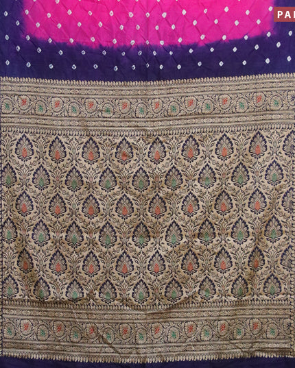 Bandhani saree magenta pink and blue with allover bandhani prints and banarasi style border