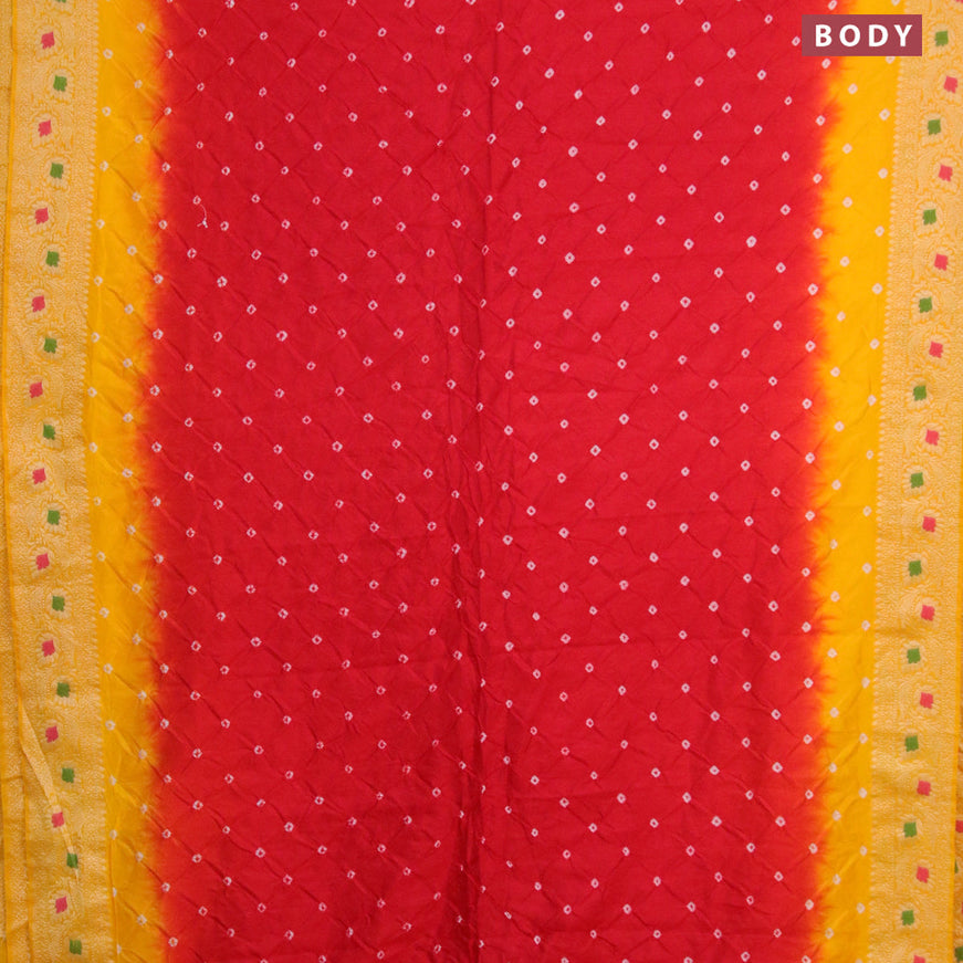 Bandhani saree red and mango yellow with allover bandhani prints and banarasi style border