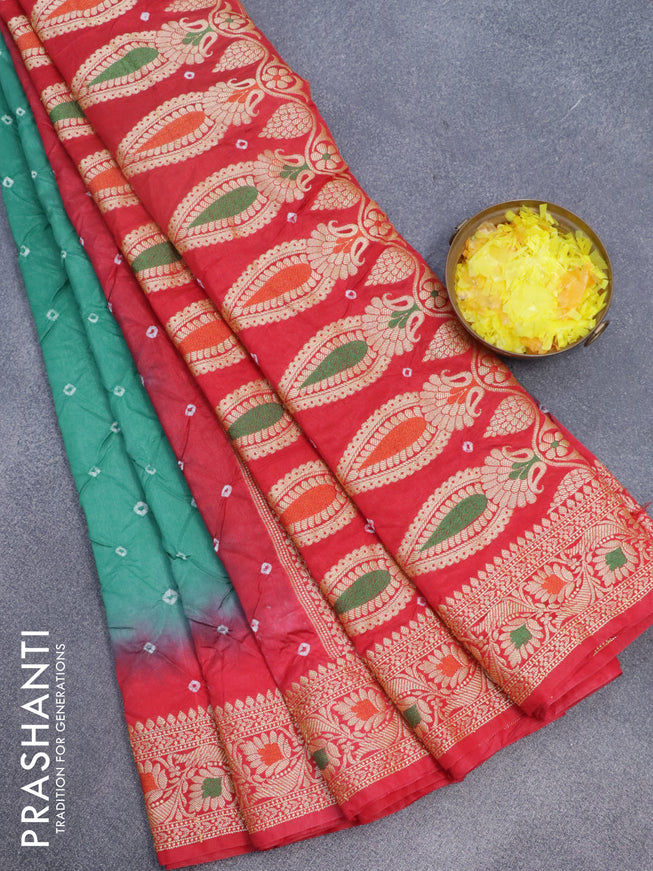 Bandhani saree green shade and red with allover bandhani prints and banarasi style border