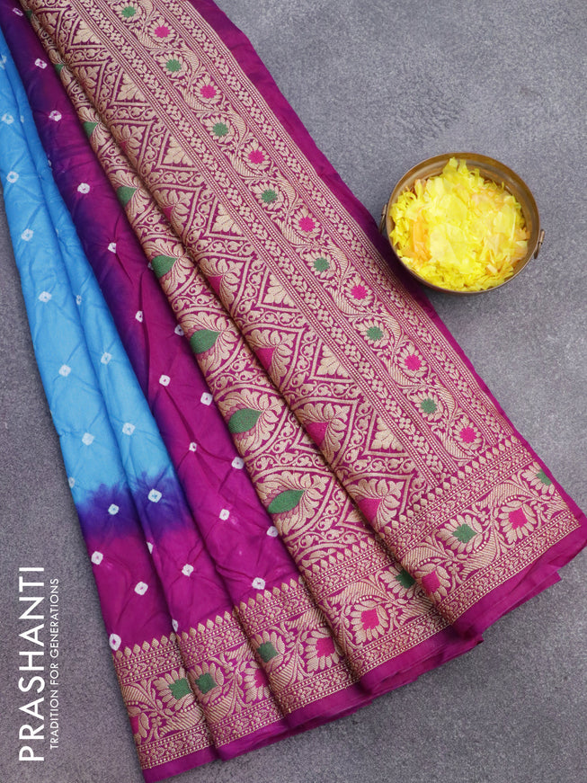 Bandhani saree light blue and purple with allover bandhani prints and banarasi style border