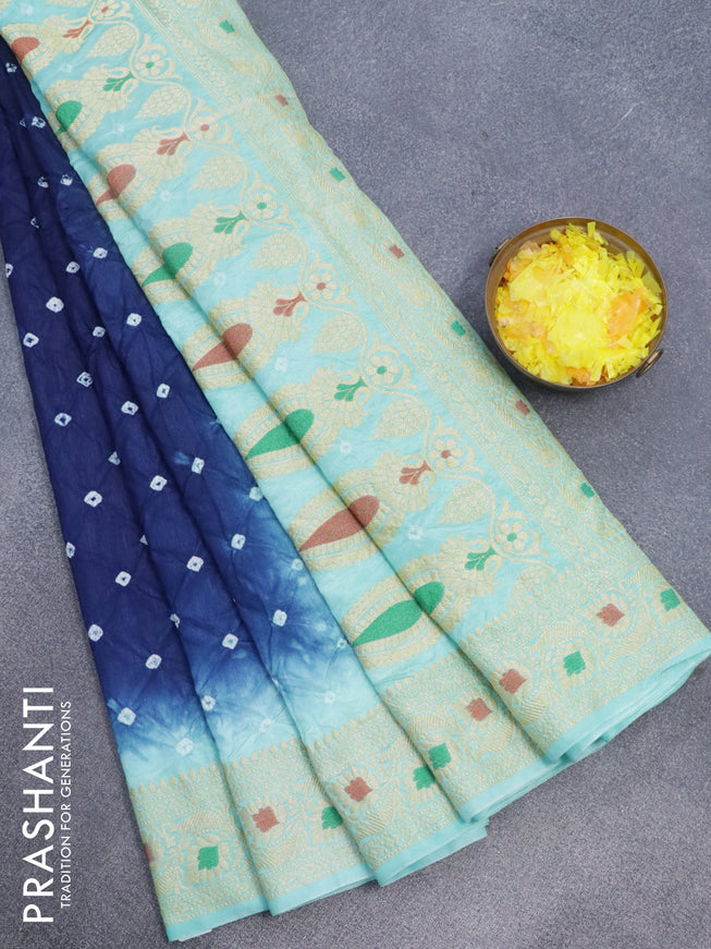 Bandhani saree blue and teal blue with allover bandhani prints and banarasi style border