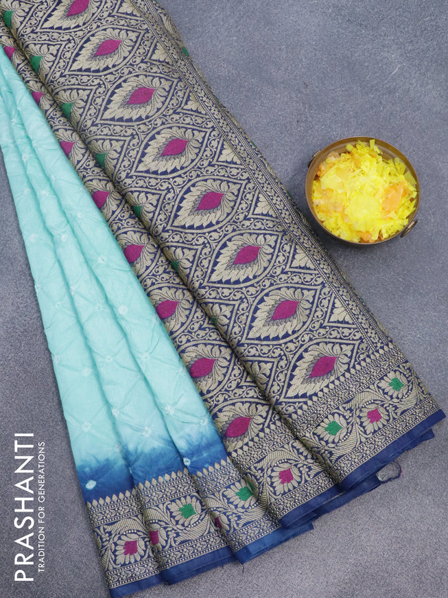Bandhani saree light blue and blue with allover bandhani prints and banarasi style border