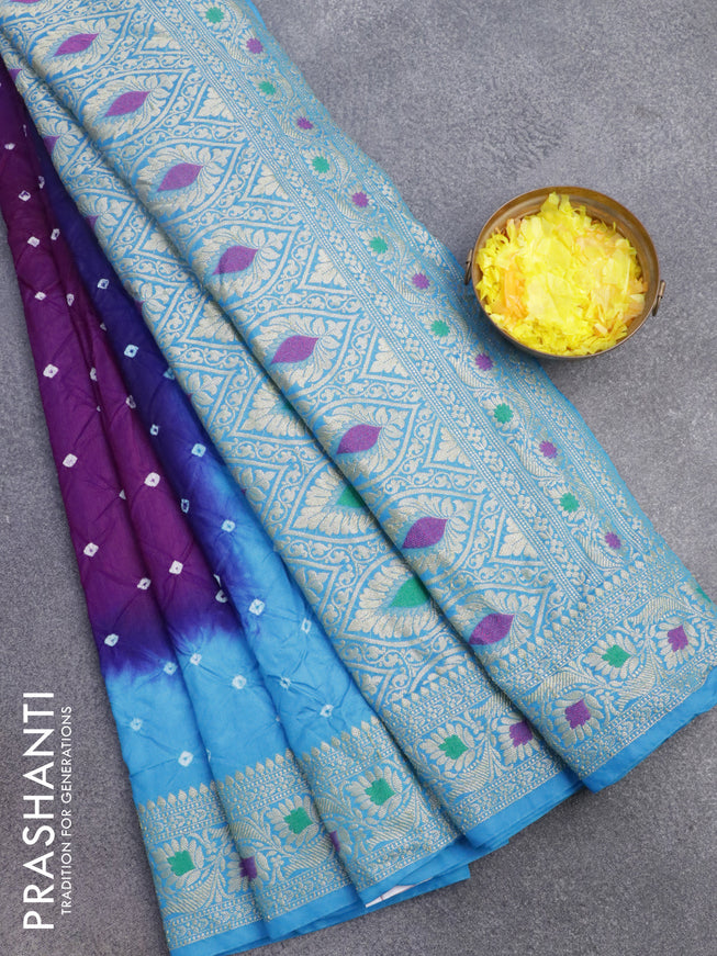 Bandhani saree purple and cs blue with allover bandhani prints and banarasi style border