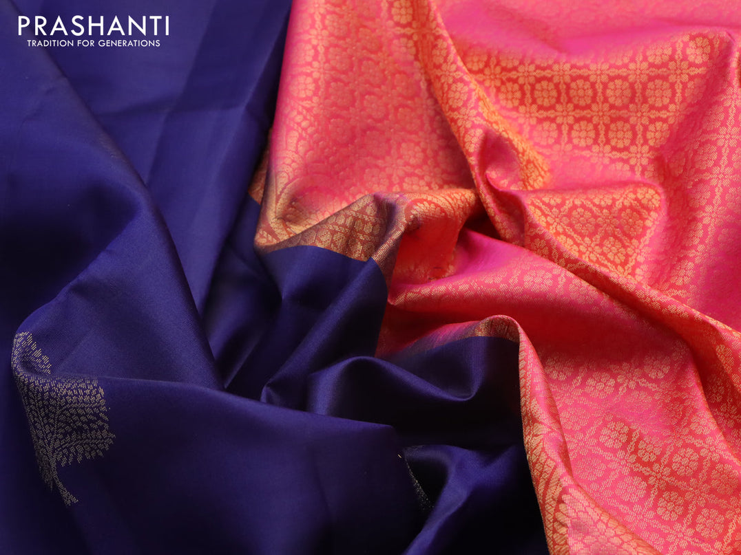 Pure kanjivaram silk saree blue and pink with zari woven tree buttas in borderless style