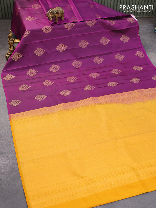 Pure kanjivaram silk saree deep purple and mustard yellow with zari woven buttas in borderless style