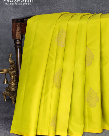 Pure kanjivaram silk saree lime yellowish green and deep jamun shade with zari woven buttas in borderless style