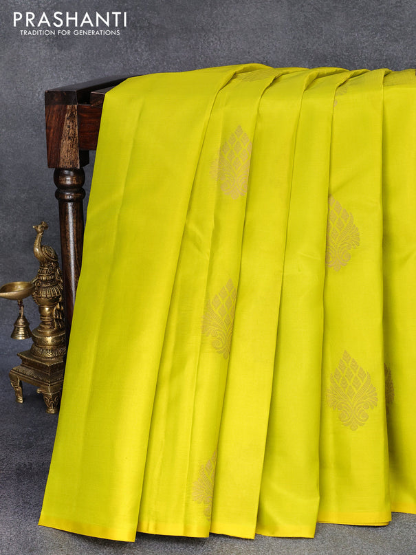 Pure kanjivaram silk saree lime yellowish green and deep jamun shade with zari woven buttas in borderless style