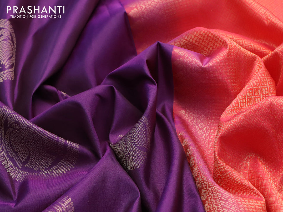 Pure kanjivaram silk saree deep purple and red with zari woven buttas in borderless style