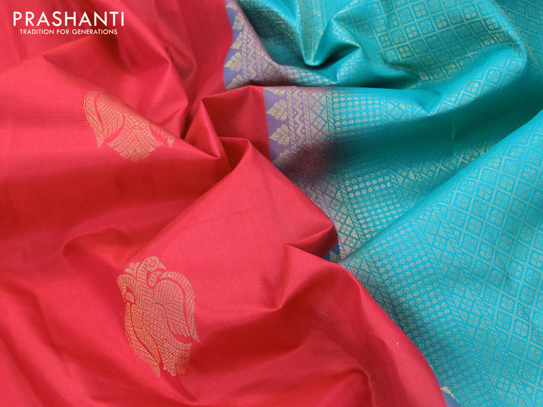 Pure kanjivaram silk saree red and teal blue with zari woven buttas in borderless style