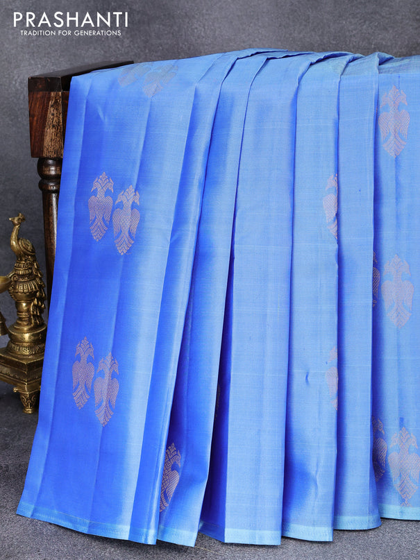 Pure kanjivaram silk saree blue and pink with silver zari woven border in borderless style