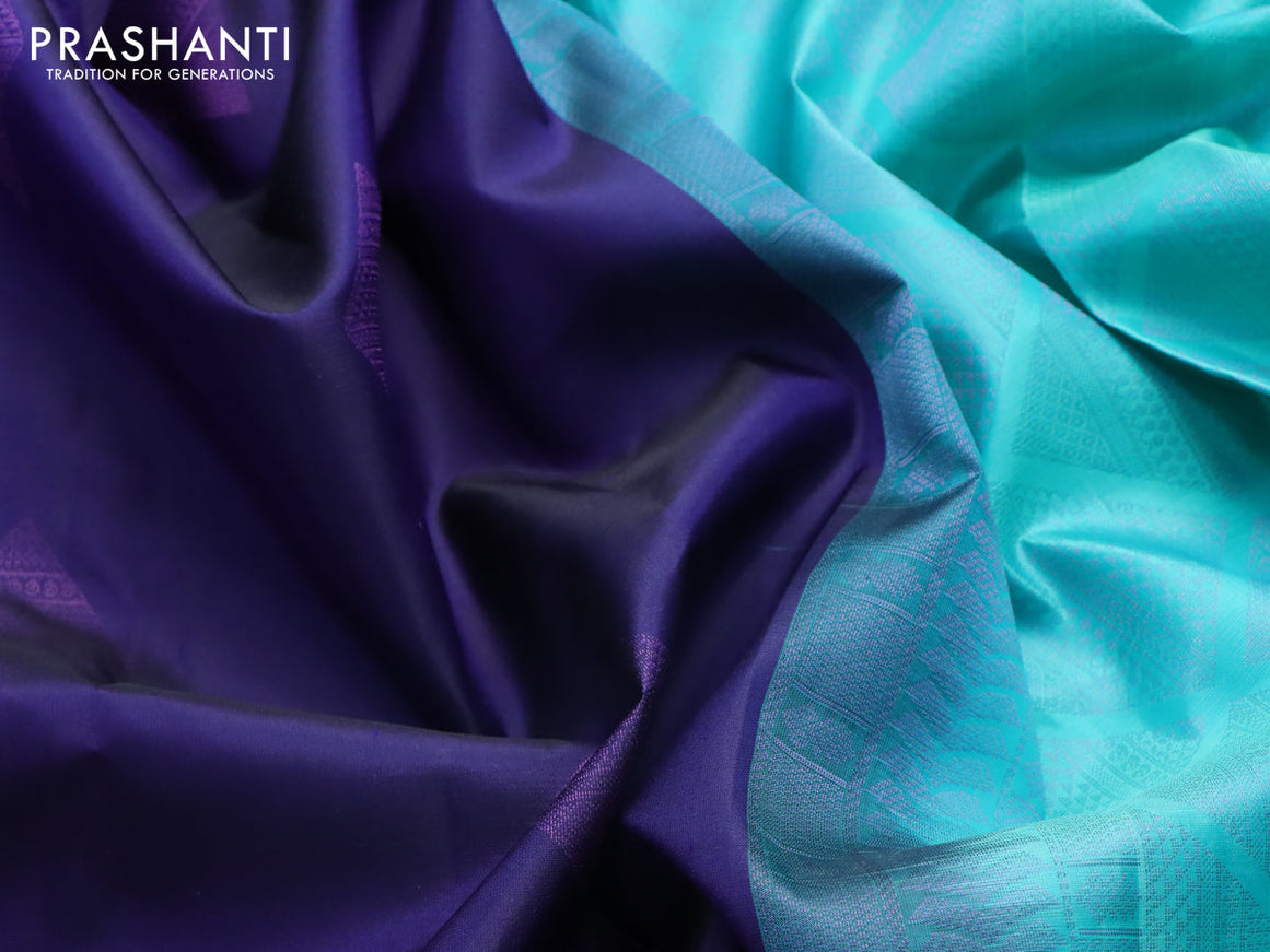 Pure kanjivaram silk saree dark blue and teal blue with zari woven buttas in borderless style