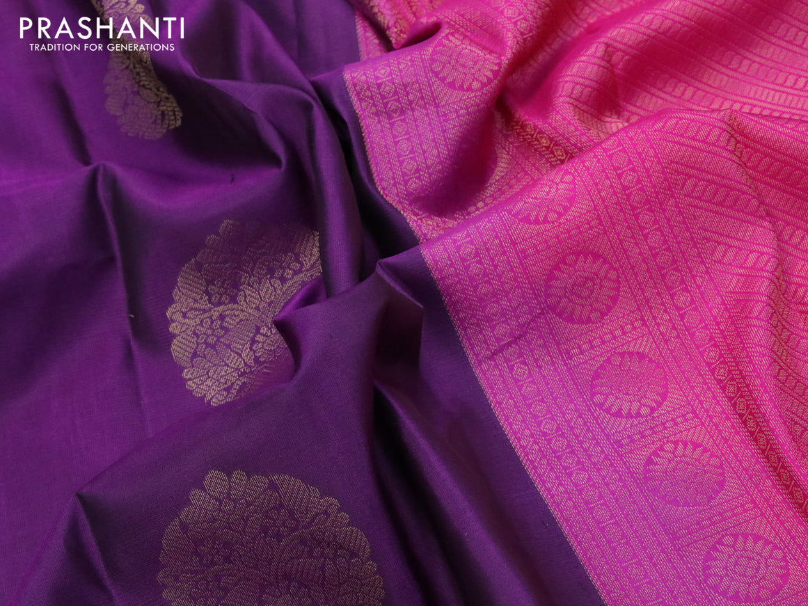 Pure kanjivaram silk saree deep purple and pink with zari woven buttas in borderless style