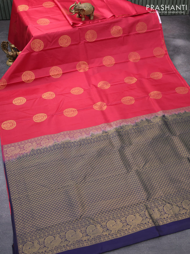 Pure kanjivaram silk saree red and navy blue with zari woven buttas in borderless style
