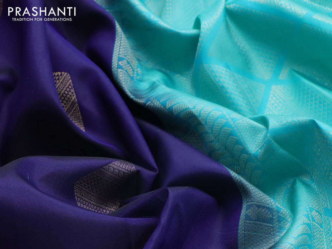 Pure kanjivaram silk saree dark blue and teal green with zari woven geometric buttas in borderless style