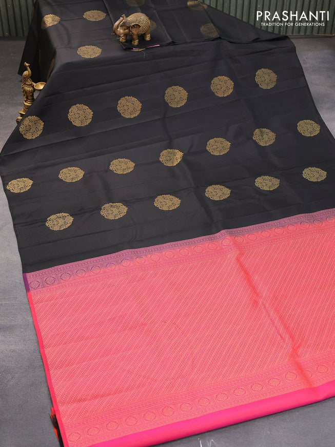 Pure kanjivaram silk saree black and dual shade of pinkish orange with zari woven buttas in borderless style