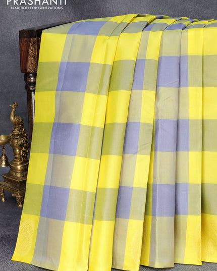 Pure kanjivaram silk saree yellow grey and deep wine shade with allover paalum pazhamum checks in borderless style
