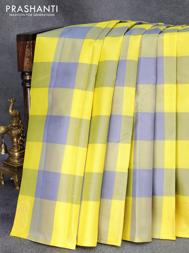 Pure kanjivaram silk saree yellow grey and deep wine shade with allover paalum pazhamum checks in borderless style