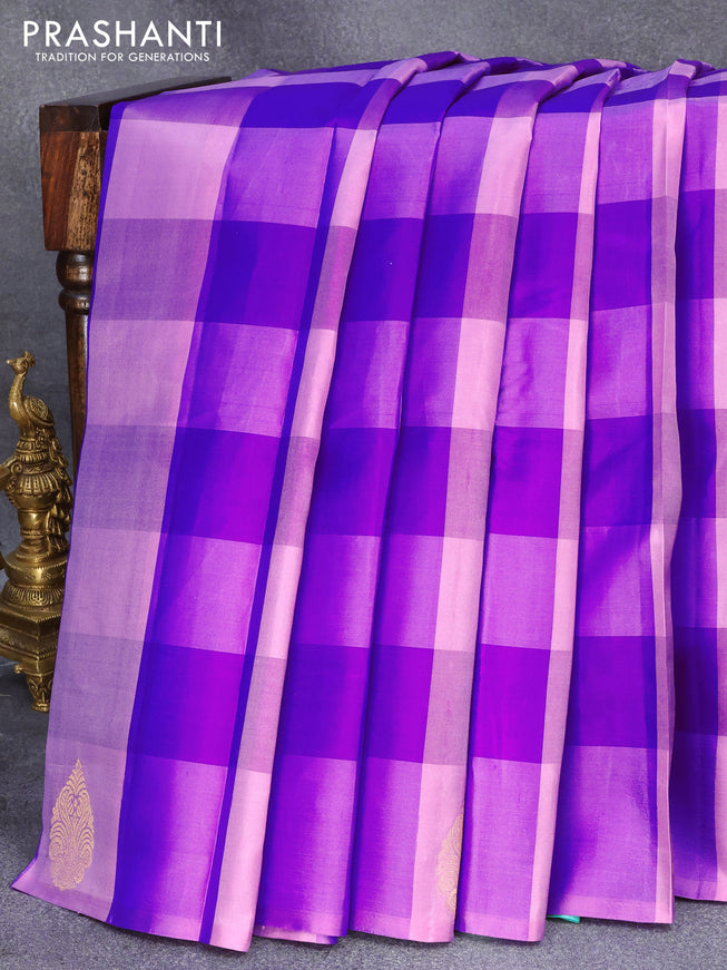 Pure kanjivaram silk saree violet and teal green with allover paalum pazhamum checks in borderless style
